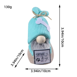 Blue knitted dog gnome ornament with 'Home is where the dogs are' text, size 10x10cm