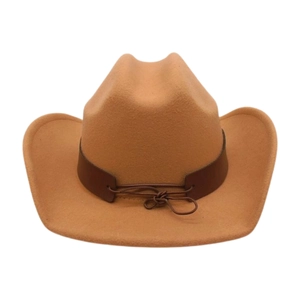 Close-up of vintage camel wool felt cowboy hat with premium brown leather strap detail