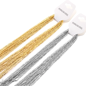 2.3mm cuban link chains in gold and silver stainless steel shown on display cards