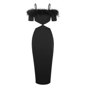 Sexy black off-shoulder bodycon dress with feather trim and waist cut-outs