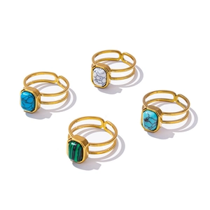 Set of bohemian gold adjustable 304 stainless steel rings with turquoise and marble stones