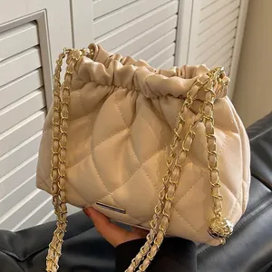 Quilted PU Leather Crossbody Bag With Golden Chain Strap Gold Ball Charm Drawstring Cloud Shoulder Purse For Women