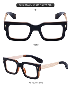 Front and 45-degree side view of square dark brown flake texture optical frames