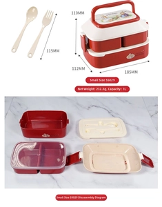 Detailed size view of a 1L double-layer rabbit lunch box with portable handle and cutlery