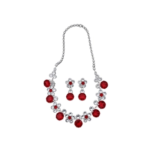 Elegant silver flower jewelry set with red round gemstones and white crystals on a chain