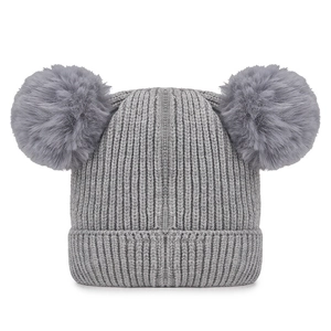 Winter knitted baby hat in grey with two large faux fur pom-poms for warmth