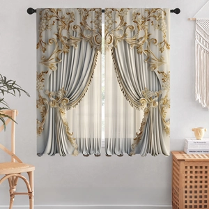 Detailed view of beige and gold luxury window curtains with ornate digital floral patterns