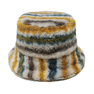 Detail showing the thick plush faux fur texture and striped pattern of the bucket hat
