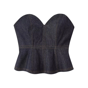 Top de tubo vaquero para mujer en azul índigo con ajuste entallado y costuras de contraste