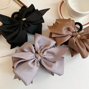 Elegant large fabric bow hair claws in black, mocha brown and lavender with crystal