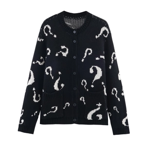 Women Knit Cardigan Sweater Round Neck Long Sleeve Button Down With Pockets Question Mark Jacquard Black And White Trendy