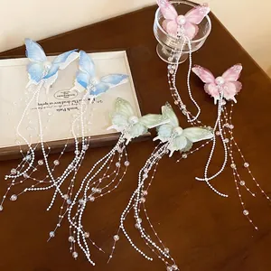 Butterfly Hair Clip With Long Tassel Faux Artificial Pearl Mesh Wing Moving Elegant Fairy Style Sweet Accessories For Women