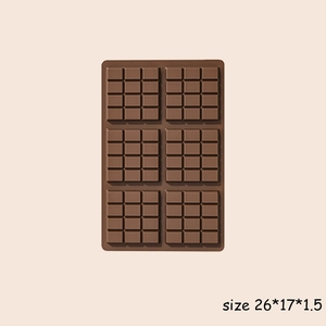 Detailed top view of 6-cavity brown silicone chocolate mold measuring 26x17x1.5 cm