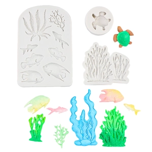 Ocean theme silicone mold set featuring coral turtle fish and seaweed shapes for cakes