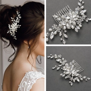Handcrafted Silver Bridal Hair Comb With Rhinestones And Artificial Pearls Elegant Flower Leaf Wedding Hair Accessories For Bridesmaids