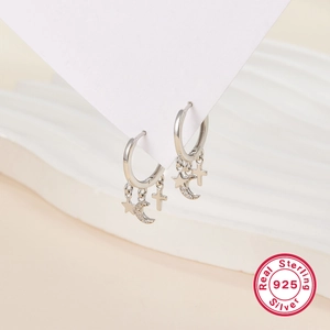 S925 sterling silver hoop earrings with star moon and cross charms for women