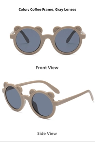 Detail of coffee brown bear ear round frame kids sunglasses with grey tinted lenses