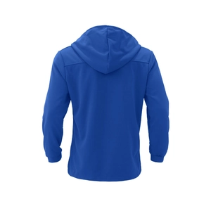 Back view of a bright blue slim fit hooded windbreaker jacket with ribbed cuffs