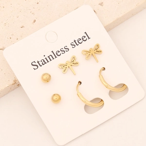 Lot de 3 paires de boucles d'oreilles dorées en acier inoxydable avec libellule et créoles