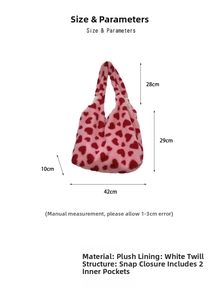 Pink plush tote bag with red hearts showing measurements and interior pockets