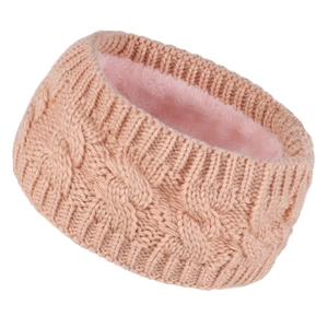 Macro detail of pink chunky cable knit headband with warm thick fleece lining inside