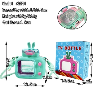 600ml creative TV-shaped kids water bottle with straw and shoulder strap in mint green