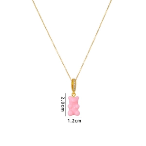 Detail showing pink gummy bear pendant dimensions 2.0cm x 1.2cm with golden chain