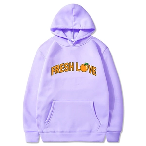 Purple hoodie with front kangaroo pocket and FRESH LOVE orange print on white background
