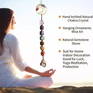 Detail of hand-woven Seven Chakra natural stone tree of life pendant for car and yoga