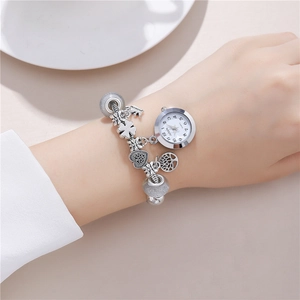 Elegant silver beaded charm watch bracelet with heart and crown pendants for women