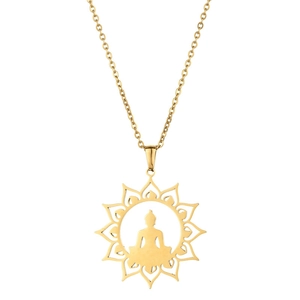 Gold stainless steel necklace with a radiant lotus frame and seated Buddha silhouette