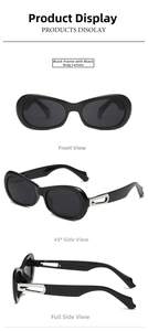 Detail views of retro oval sunglasses with black frames and silver metal hollow decor