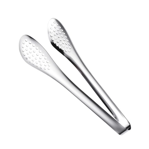 Polished stainless steel food tongs with perforated oval heads for kitchen and BBQ