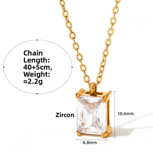 Detail of gold necklace with 40+5cm chain length and square clear zircon pendant dimensions