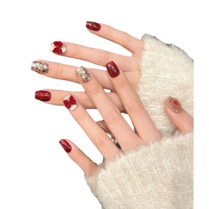 Handmade deep red glitter press-on nails with 3D velvet bow and Chinese Xi character