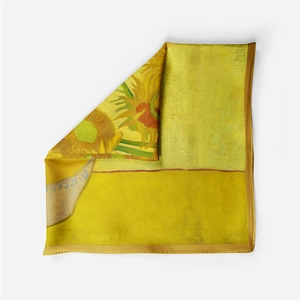 Macro view showing the glossy silk texture and Van Gogh Sunflowers print on the scarf