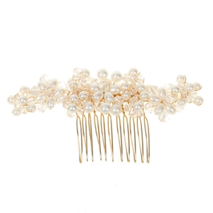 Handmade bridal hair comb with elegant white pearls and clear crystals on gold metal wires