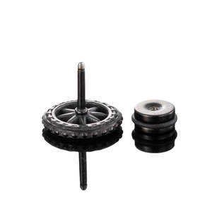 Pair of black geometric gear-shaped stainless steel stud earrings with hub texture