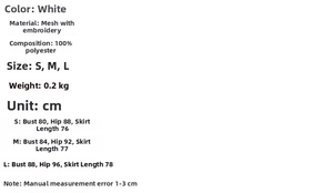 Detailed size chart for white mesh embroidery sleeveless dress showing S M L measurements