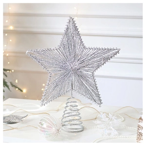 Close-up of silver glitter Christmas tree topper star with spring base and wire design