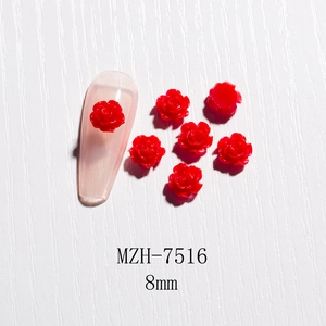 Detailed 8mm red 3D resin rose flower nail art charms with glossy finish for manicures
