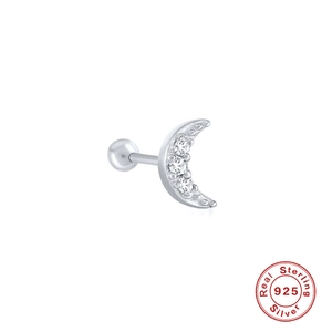 S925 sterling silver moon cartilage stud earring with three clear zircons on white backdrop