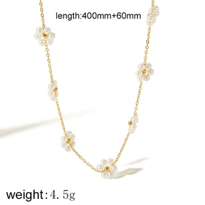 Elegant 18K gold stainless steel necklace with white pearls and flower pendant for women