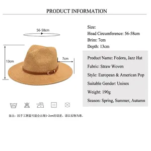 Panama straw hat for women with belt accessory and size guide for beach wear