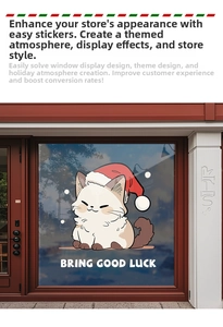 Christmas window sticker featuring cute cartoon cat with Santa hat and Bring Good Luck text
