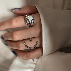 Minimalist 925 sterling silver square shell ring and irregular wave ring set for women