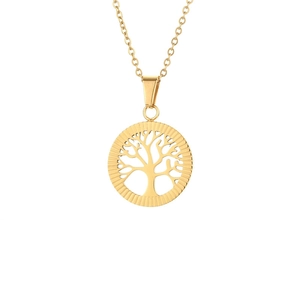 Polished gold stainless steel tree of life pendant necklace with a fine link chain