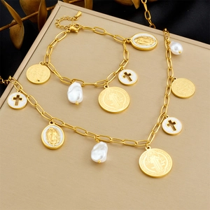 Retro Gold Plated Stainless Steel Jewelry Necklace And Bracelet With Artificial Baroque Pearl Religious Cross Medal For Women