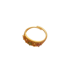24k gold-plated flower open ring with brushed metal texture and colorful gemstones