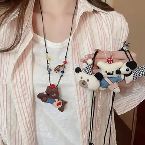 Plush Animal Pendant Necklace Fabric Bear Dog With Colorful Ceramic Beads Tassels Cartoon Handmade Long Chain For Women